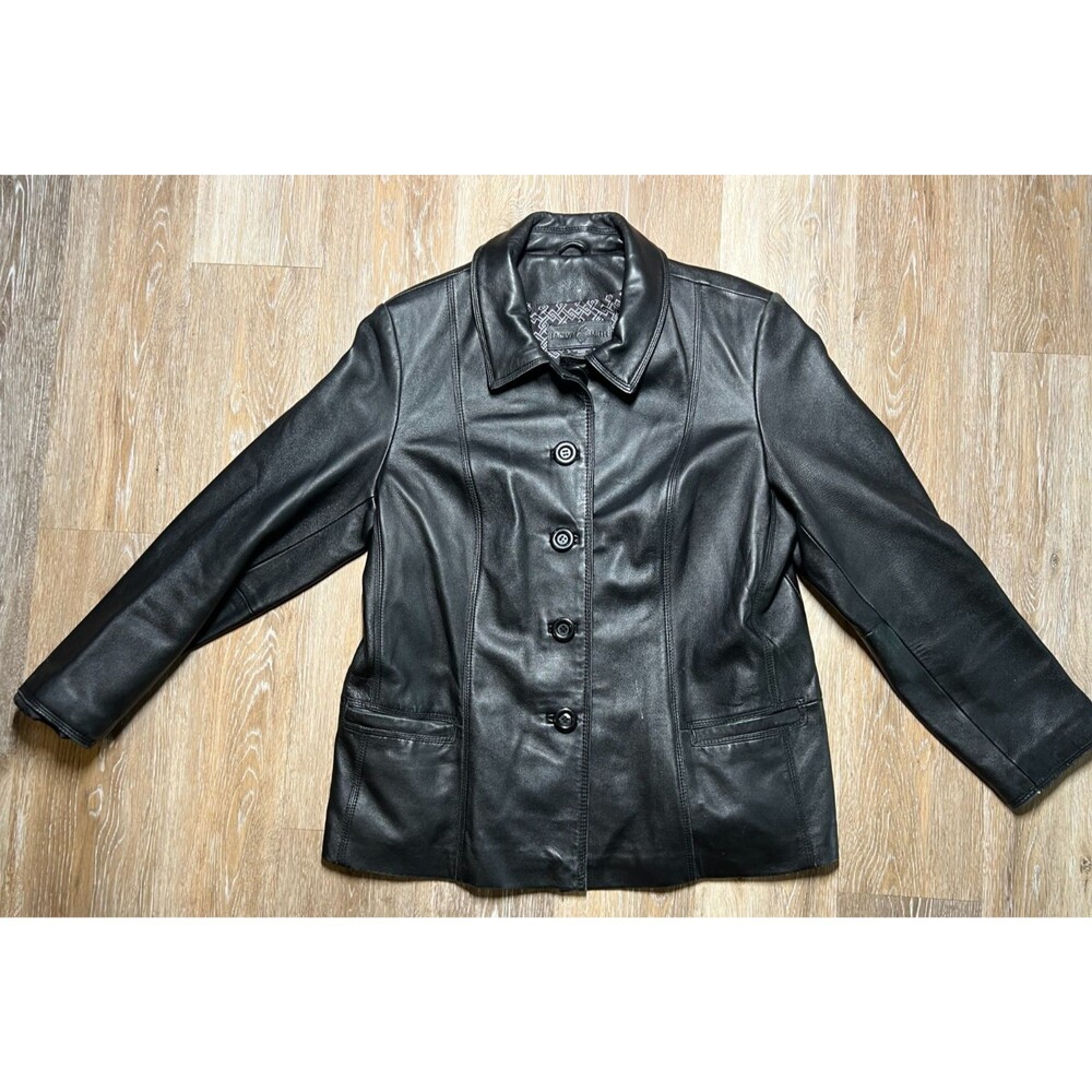 Jaclyn Smith Black Leather Button Down Collared Jacket Coat Womens Size XL